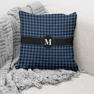 Monogramm Blau-Schwarz Gingham-Karo-Kontrollmuster Kissen
