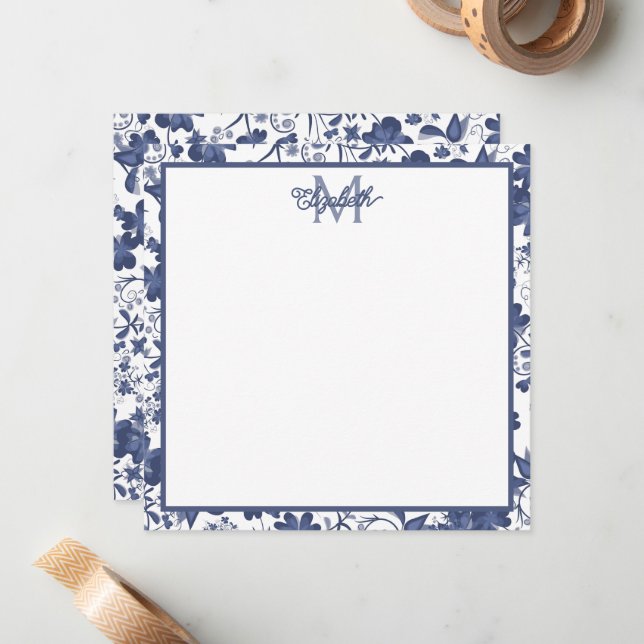 Monogramm Blau und Grau Mitteilungskarte (Vorderseite/Rückseite Beispiel)