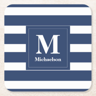 Monogramm Blau und Weiß Streifen Rechteckiger Pappuntersetzer