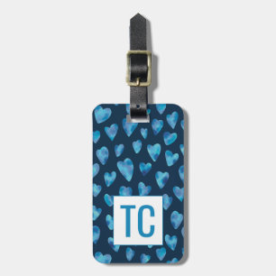 Monogramm Blau Wasserfarbe Liebe Herz Muster Gepäckanhänger