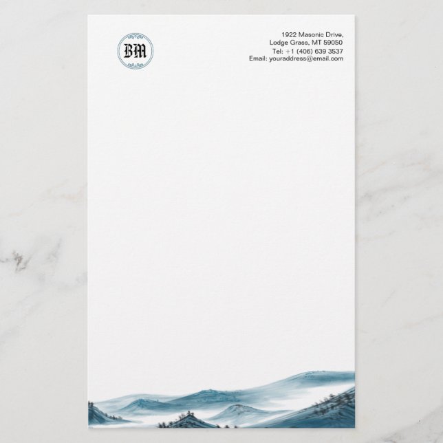 Monogramm Blau Weiß Bergansicht Papier (Vorderseite)