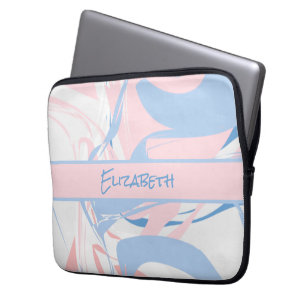 Monogramm Blau Weiß Rosa Marmor Wirbel Laptopschutzhülle