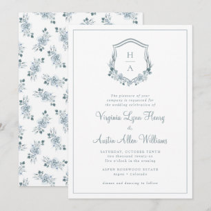 Monogramm Blaue Blumenhochzeit Einladung