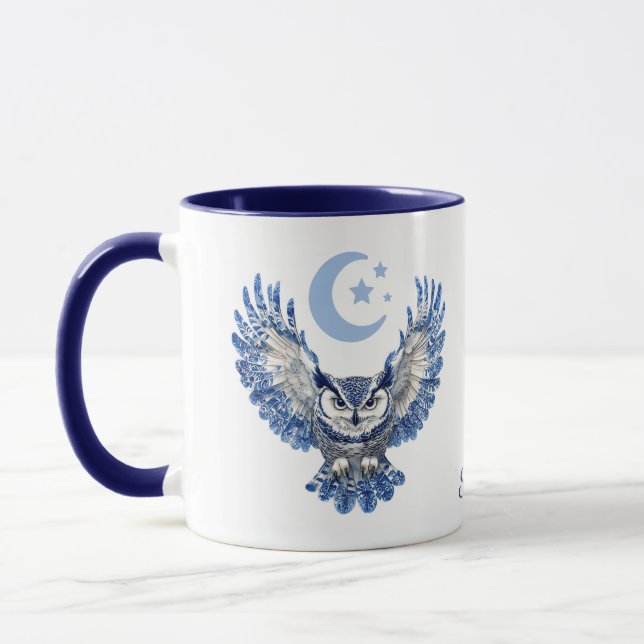 Monogramm Blaue Nacht-Eule und Mond Tasse (Links)