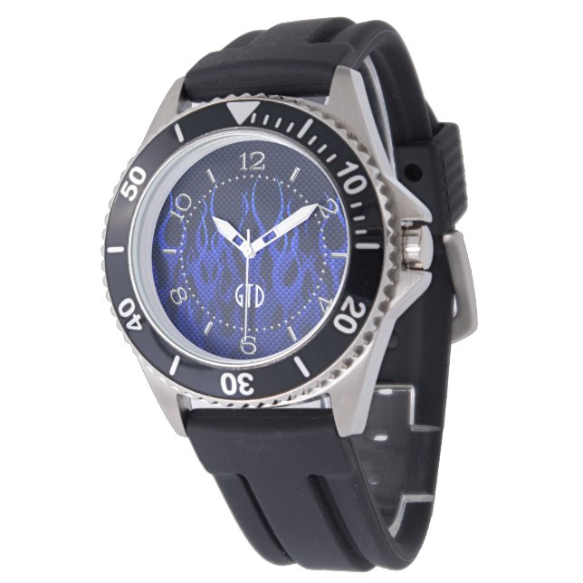 Monogramm blaue Racing-Flammen auf Carbon Fibre Pr Armbanduhr (Schrägansicht)