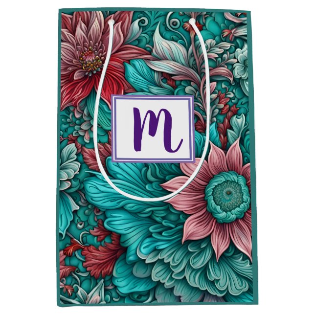 Monogramm Blaue Rote Blumen  Mittlere Geschenktüte (Vorderseite)