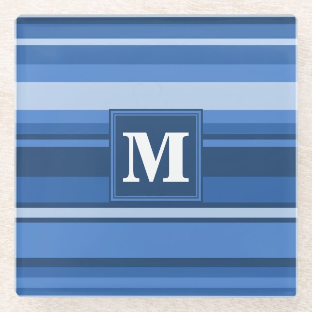 Monogramm blaue Streifen Glasuntersetzer (Vorderseite)