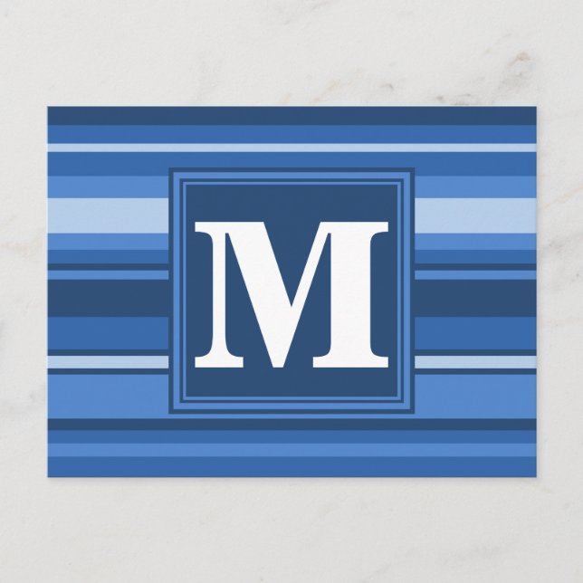 Monogramm blaue Streifen Postkarte (Vorderseite)