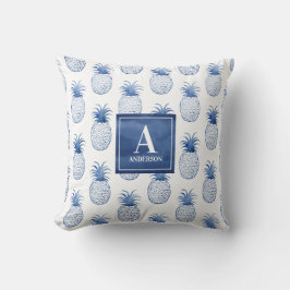 Monogramm Blaue tropische Ananas Außenbereich Kissen