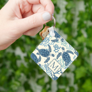 Monogramm Blaue und Cremeschildkröten Schlüsselanhänger