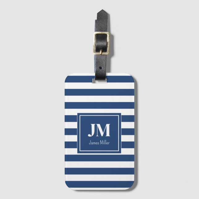 Monogramm blaue und weiße Streifen Gepäckanhänger (Vorderseite Vertikal)