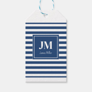 Monogramm blaue und weiße Streifen Geschenkanhänger