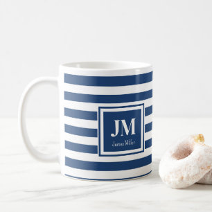 Monogramm blaue und weiße Streifen Kaffeetasse