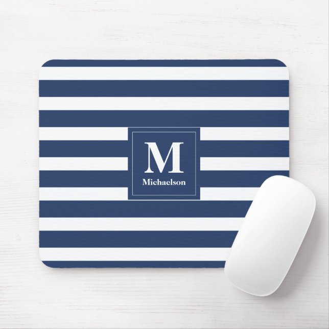 Monogramm Blaue und weiße Streifen Mousepad (Mit Mouse)