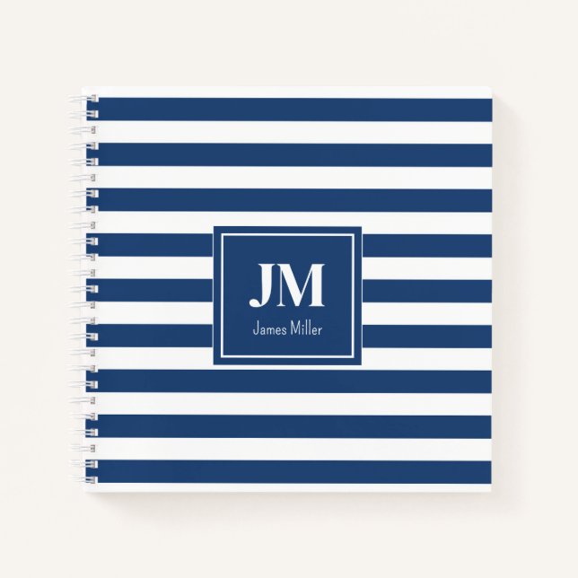 Monogramm blaue und weiße Streifen Notizbuch (Vorderseite)
