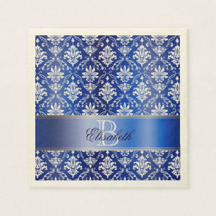 Monogramm-blauer und weißer Damast Serviette