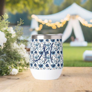 Monogramm Blaues Aquarell Blumen Cottagecore Trend