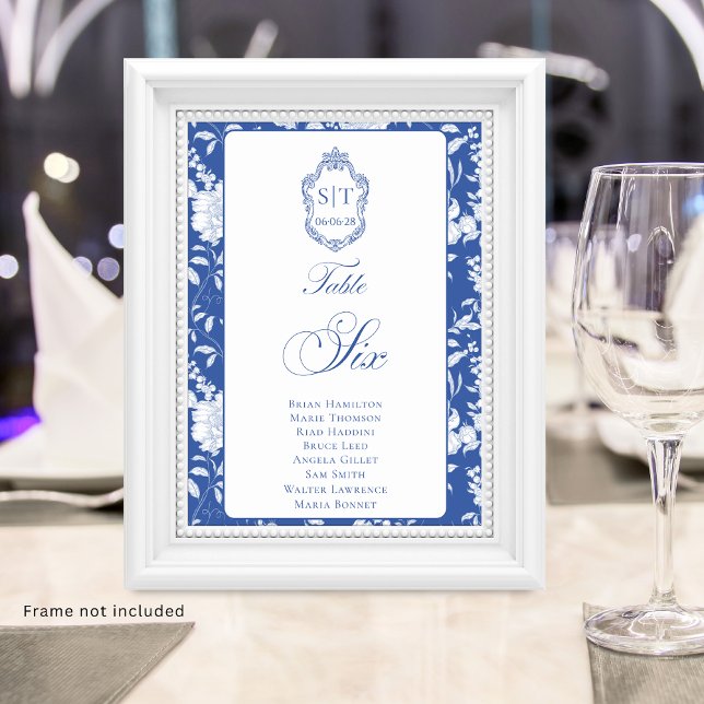 Monogramm Blaues Blumen-Skript Sechs 8 Namen Tischnummer (Von Creator hochgeladen)