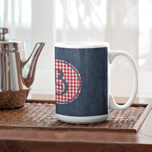 Monogramm, Blaues Denim Rot-Weiß-Karo 15oz Kaffeetasse