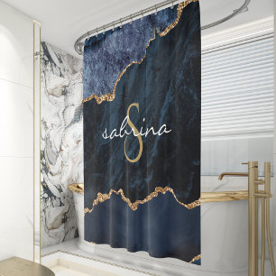 Monogramm Blaues Gold Achat Geode Duschvorhang