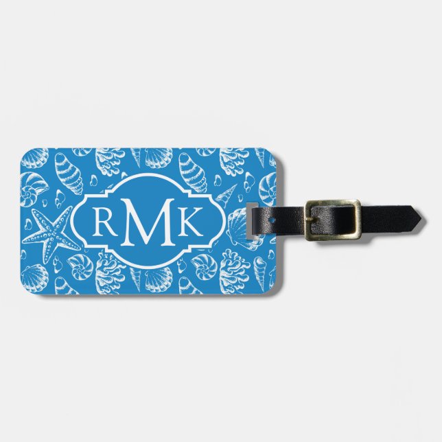 Monogramm-blaues Strand-Muster Gepäckanhänger (Vorderseite horizontal)