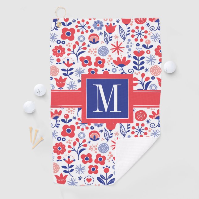Monogramm | blaues u. korallenrotes Blumenmuster Golfhandtuch (Insitu)