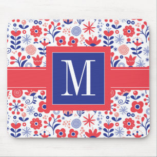 Monogramm   blaues u. korallenrotes Blumenmuster Mousepad