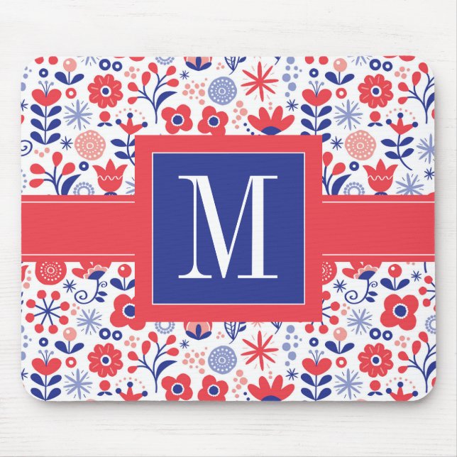 Monogramm | blaues u. korallenrotes Blumenmuster Mousepad (Vorne)