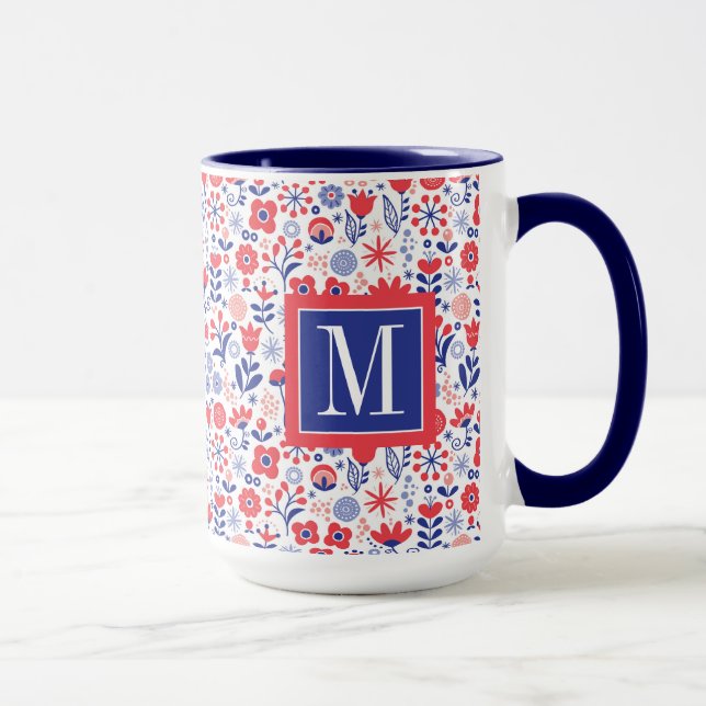 Monogramm | blaues u. korallenrotes Blumenmuster Tasse (Rechts)