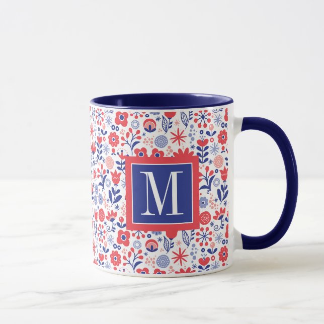 Monogramm | blaues u. korallenrotes Blumenmuster Tasse (Rechts)