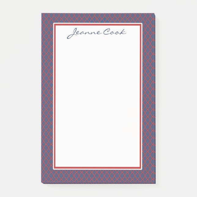 Monogramm-blaues u. rotes Quatrefoil Gitter-Muster Post-it Klebezettel (Vorderseite)