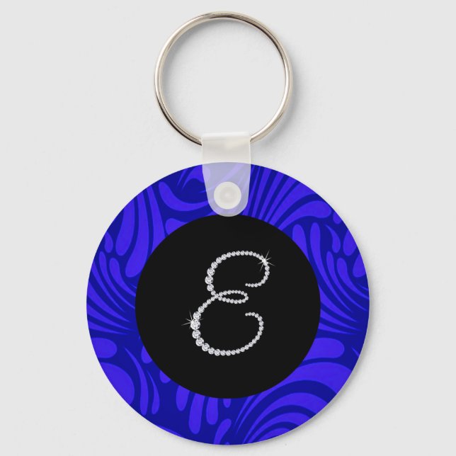Monogramm Bling Letter E Blauer Swirbel Hintergrun Schlüsselanhänger (Vorderseite)
