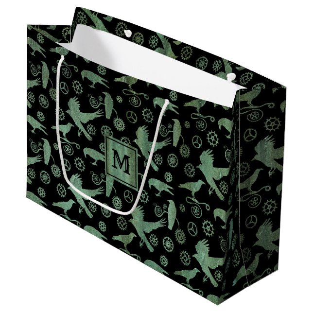 Monogramm-Block für Steampunk-Verdigris-Gänge Große Geschenktüte (Vorderseite Schrägansicht)