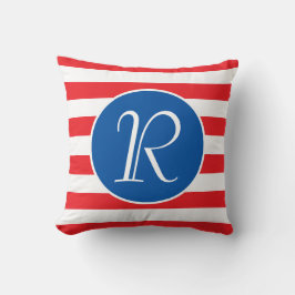 Monogramm Blue Circle | Roter und weißer Streifen Kissen