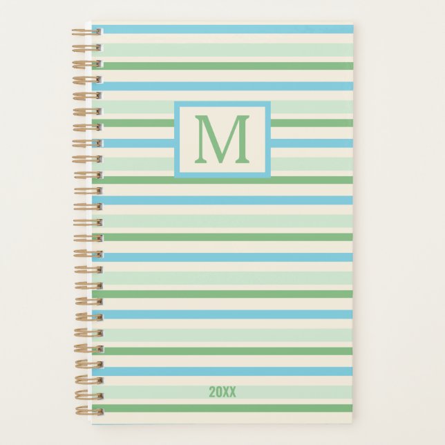 Monogramm Blue Green und Creme Streifen Planer (Vorderseite)