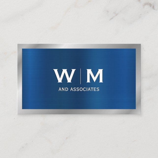 Monogramm | Blue Silver Metallic Brushed Visitenkarte (Vorderseite)