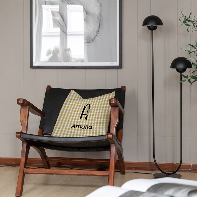 Monogramm-Blume Gingham-Graumuster Kissen (Von Creator hochgeladen)