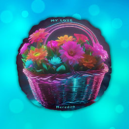 Monogramm Blume mit hellen Farben in einem Korb | Rundes Kissen