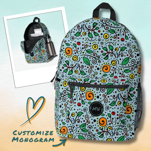 Monogramm Blume Muster Orange Swirren Berry auf Aq Bedruckter Rucksack (Von Creator hochgeladen)
