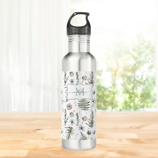 Monogramm Blume und Fern Blätter florale botanisch Edelstahlflasche (In situ)