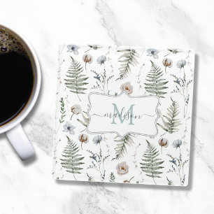 Monogramm Blume und Fern Blätter florale botanisch Glasuntersetzer