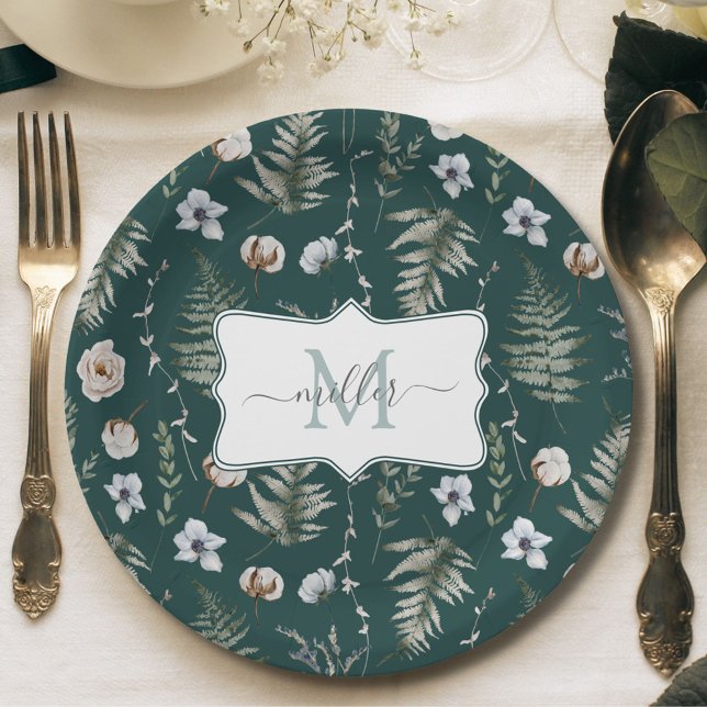 Monogramm Blume und Fern Blätter florale botanisch Pappteller (In situ)