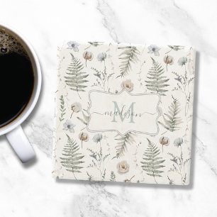 Monogramm Blume und Fern Blätter florale botanisch Steinuntersetzer