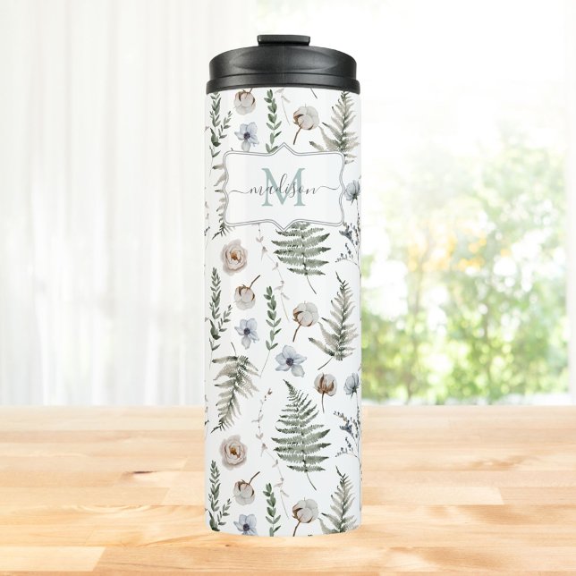 Monogramm Blume und Fern Blätter florale botanisch Thermosbecher (In situ)
