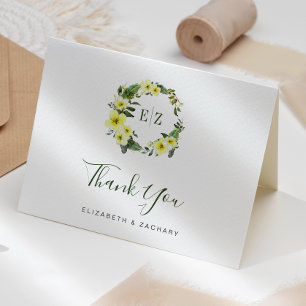 Monogramm Blumen Gelb Grün Hochzeit Danke Karte