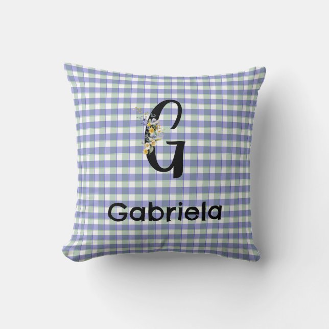 Monogramm-Blumen-Gingham-Blau-Grün-Muster Kissen (Vorderseite)