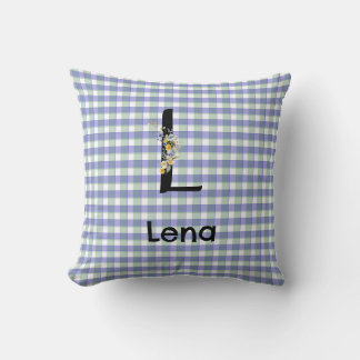 Monogramm-Blumen-Gingham-Blau-Grün-Muster Kissen