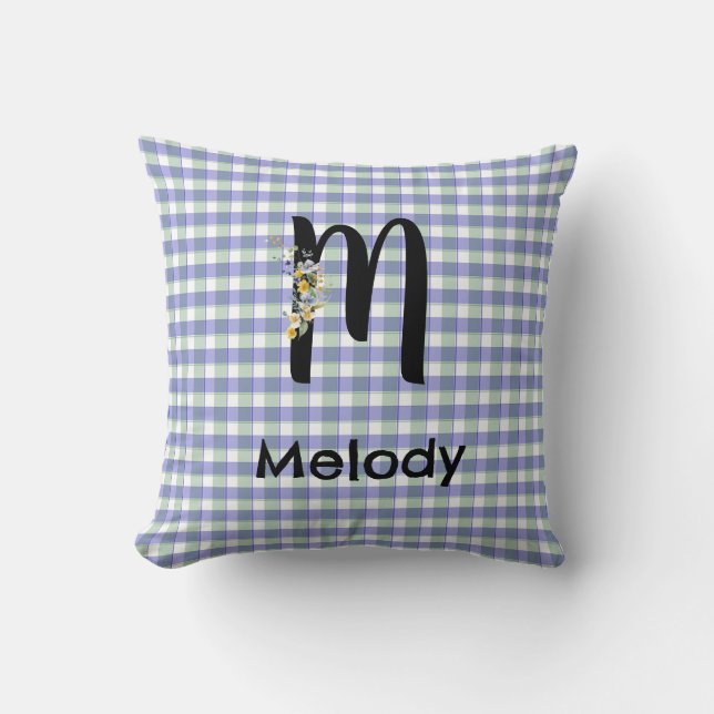 Monogramm-Blumen-Gingham-Blau-Grün-Muster Kissen (Vorderseite)