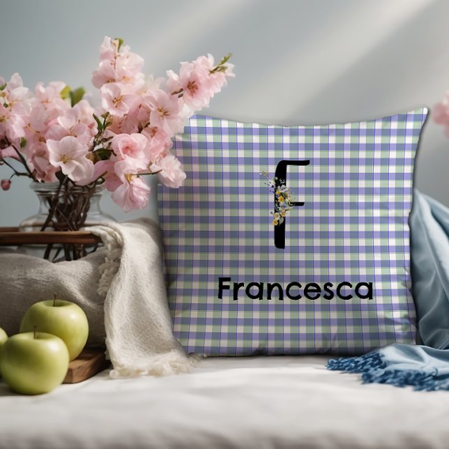 Monogramm-Blumen-Gingham blau-grünes Muster Kissen (Von Creator hochgeladen)