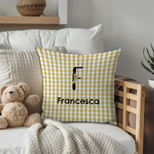 Monogramm-Blumen-Gingham-Gelb-Grau-Muster Kissen